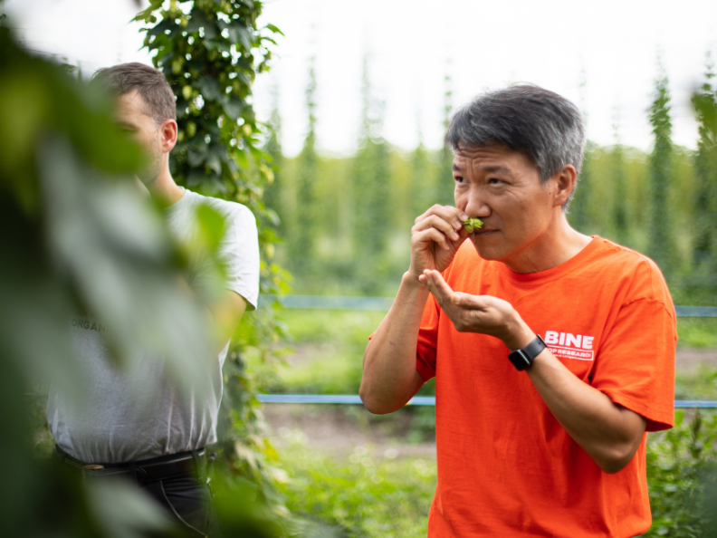 Biology instructor Ji Yong Yang investigating the aroma of a hops varietal.